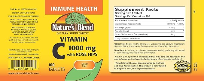 Nature`s Blend Vitamin C 1000mg w/Rose Hips Tablets 100 ct