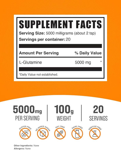 BulkSupplements.com L-Glutamine Powder - Glutamine Supplement, for Recovery & Gut Health - Unflavored & Gluten Free, 5g (5000mg) per Serving, 100g (3.5 oz) (Pack of 1)