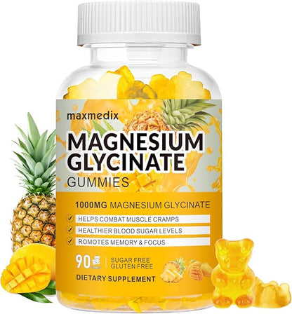 Magnesium Gummies 1000mg -Magnesium Glycinate Supplement and Magnesium L-Threonate Gummy,Sugar Free Magnesium Potassium Supplement for Calm Mood, Muscle, Bone & Sleep Support 90 MangoPineapple Gummies
