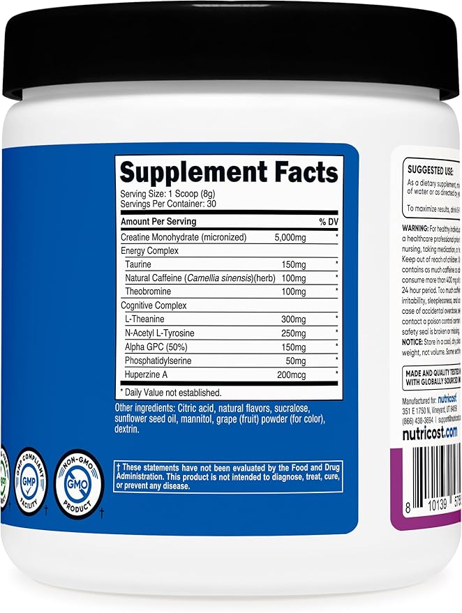 Nutricost Creatine + Energy 30 Servings (Grape Flavored) - 5,000mg Creatine Monohydrate + 350mg Energy Complex Per Serving