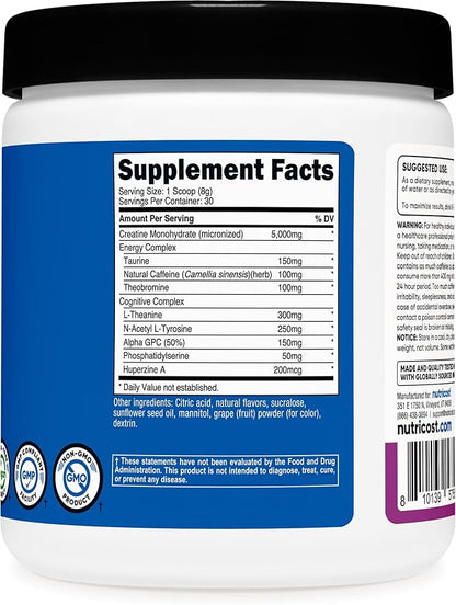 Nutricost Creatine + Energy 30 Servings (Grape Flavored) - 5,000mg Creatine Monohydrate + 350mg Energy Complex Per Serving
