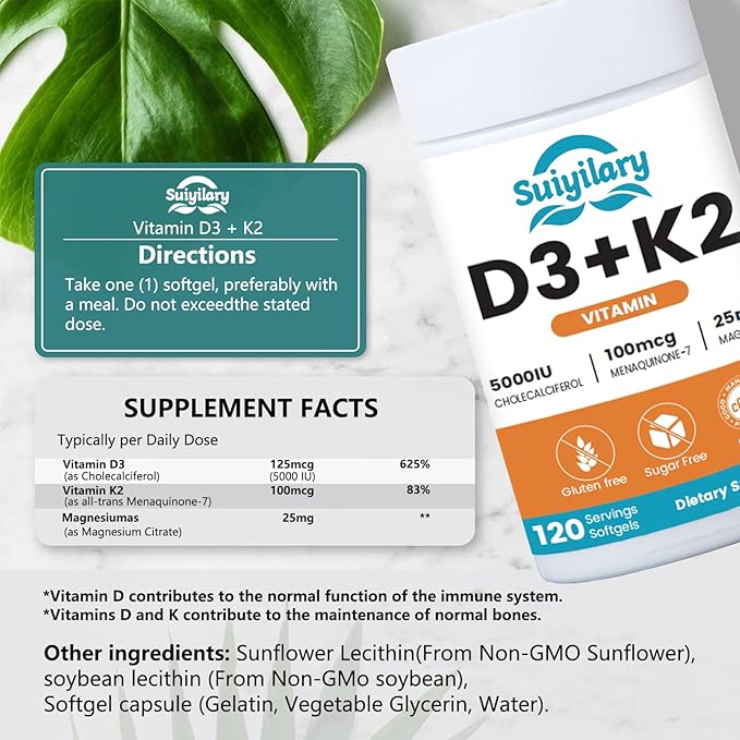 Vitamin D3 K2 Supplement with Vitamin D3 5000 IU, 100 mcg Vitamin K2, Plant Based 2-1 Formula for Bone, Teeth, Muscle and Immune Health Support,120 Softgel Capsules