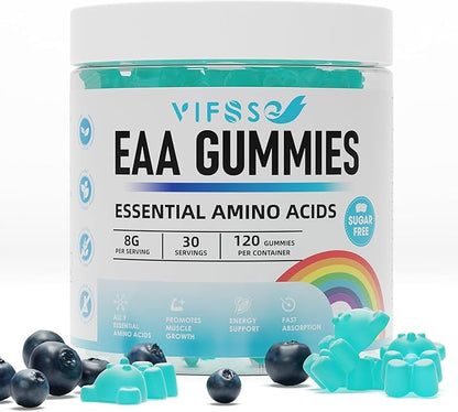 EAA Gummies 120 Gummies (Blue Raspberry), Essential Amino Acids - All 9 Essential Aminos (EAA) and All Branched-Chain Aminos (BCAAs), Non-GMO, Gluten Free, Vegetarian Friendly