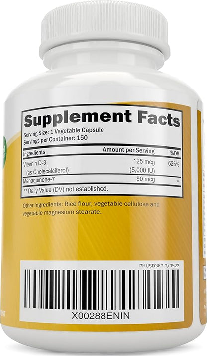 Purely Holistic Vitamin D3 125mcg and Vitamin K2 90mcg MK7-4 Month Supply 150 Vegetarian Capsules - Vitamin D3 & K2 Menaqunione - High Strength Cholecalciferol Made in The USA