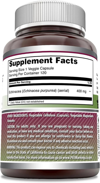 Amazing Formulas Echinacea Supplement | 400 Mg Per Serving | 120 Veggie Capsules | Non-GMO | Gluten Free | Made in USA
