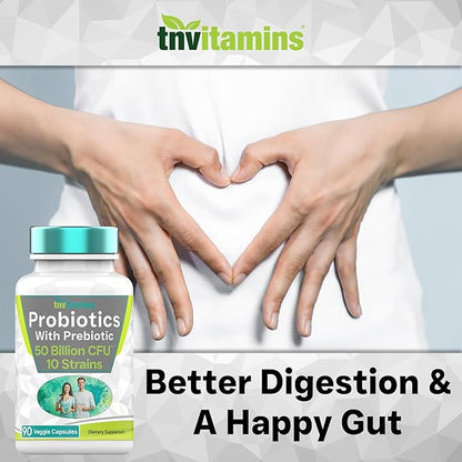 Probiotics with Prebiotic: 50 Billion CFU - 10 Strain - 90 Vegetarian Capsules | with Acidophilus Probiotic for Digestive Health, Gut Health, & Immune Support* | for Men & Women