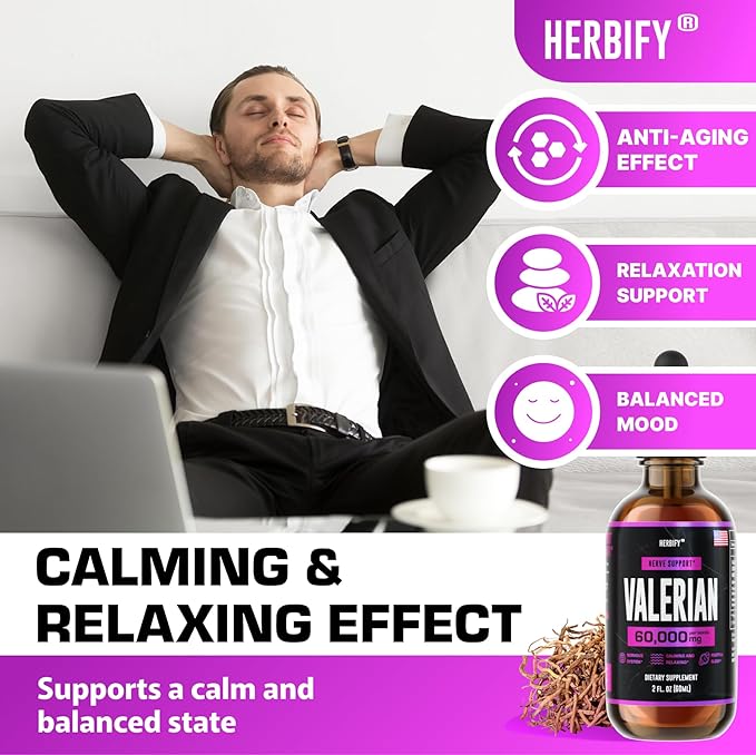 HERBIFY Valerian Root Supplement - Valerian Root Tincture – Nervous System Support 2 Fl oz