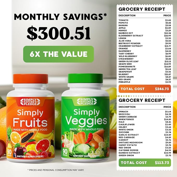 Simply Nature's Pledge - Packed with 42 Different Fruits & Vegetables - 4 Month Supply- Made with Whole Food Superfoods - with Aloe Vera – 100% Soy Free - 720 Capsules