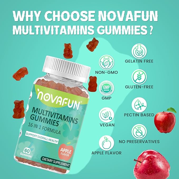 Multivitamin Gummies,16-in-1 Supplement with Essential Vitamins & Minerals for Overall Health, Vegetarian & Gluten-Free, Apple Flavor, 60 Count