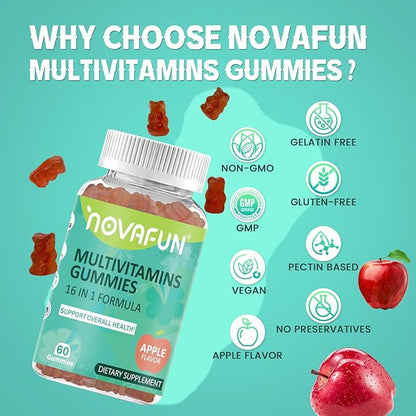 Multivitamin Gummies,16-in-1 Supplement with Essential Vitamins & Minerals for Overall Health, Vegetarian & Gluten-Free, Apple Flavor, 60 Count