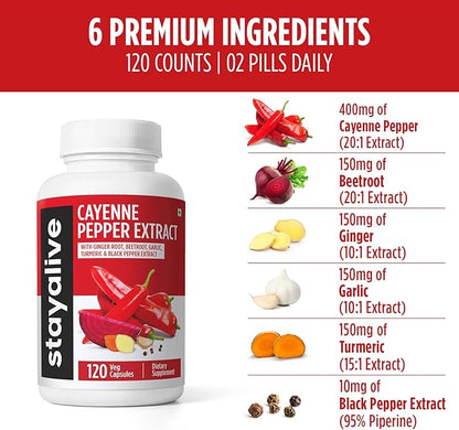 StayAlive Cayenne Pepper Capsules 960mg Super Extract with Ginger, Garlic, Turmeric, Beet Root, Black Pepper, 120 Cayenne Capsules, Support Cardiovascular & Immune System, Capsaicin Supplement Pills