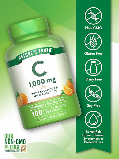 Nature's Truth Vitamin C 1000mg | 100 Capsules | with Wild Rose Hips & Bioflavonoids | Non-GMO & Gluten Free Supplement