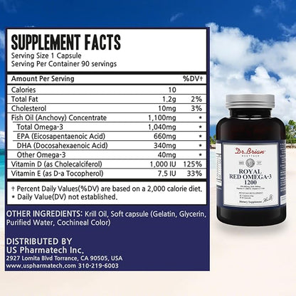 Dr. Brian Royal Red Omega 3 1200, Fish Oil Supplement with EPA and DHA Omega 3 Fish Oil Contain Vitamin D,E Omega 3 Support for Physical Health - 90 Soft Gels