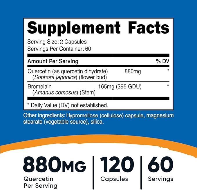 Nutricost Quercetin with Bromelain, 880mg Quercetin + 165mg Bromelain Per Serving, 120 Capsules, 60 Servings (2 Caps Per Serving) - Vegetarian, Non-GMO & Gluten Free