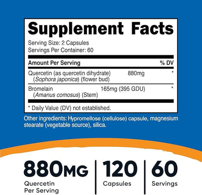 Nutricost Quercetin with Bromelain, 880mg Quercetin + 165mg Bromelain Per Serving, 120 Capsules, 60 Servings (2 Caps Per Serving) - Vegetarian, Non-GMO & Gluten Free