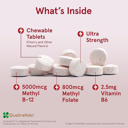 Jarrow Formulas Ultra Strength Methyl B-12 5000 mcg & Methyl Folate 800 mcg + P-5-P, Dietary Supplement for Cellular Energy Metabolism and Cardiovascular Support, 60 Chewable Tablets, 60 Day Supply