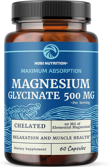Magnesium Glycinate 500mg | Chelated for High Absorption | Muscle Relaxation, Bones, Heart, Nerve, Sleep & Calm Support for Women & Men | Magnesium Chelate Supplement & Bisglycinate Complex | 60ct