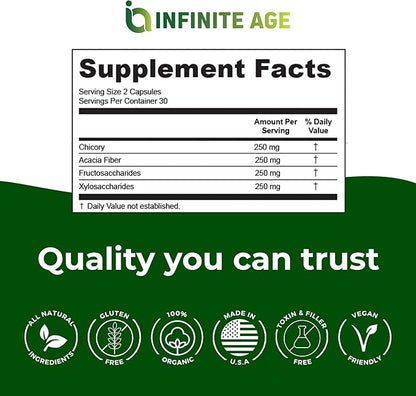 INFINITE AGE Prebiotic Capsules, 60 Count - Premium FOS Pre-biotic Fiber Supplement with Chicory and Acacia - Digestive Health for Men Women