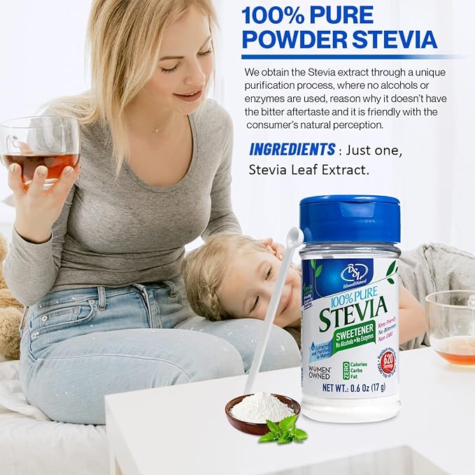 BSL 100% Pure Stevia Extract Powder Without Erythritol 0.6 Oz, No Artificial Sweetener, 620 Servings | Stevia No Erythritol | Zero Calorie & Keto Friendly, Pure Stevia Powder