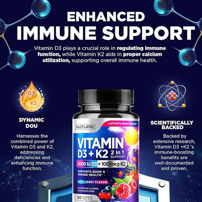 Vitamin D3 K2 – Chewable Vitamin D 5000 IU & K2 MK-7 100 mcg – 2 in 1 Vitamin D K2 Supplement Chews - Immune, Heart, & Bone Support – Non GMO - Tasty Berry Flavor - 60 Chewable Tablets