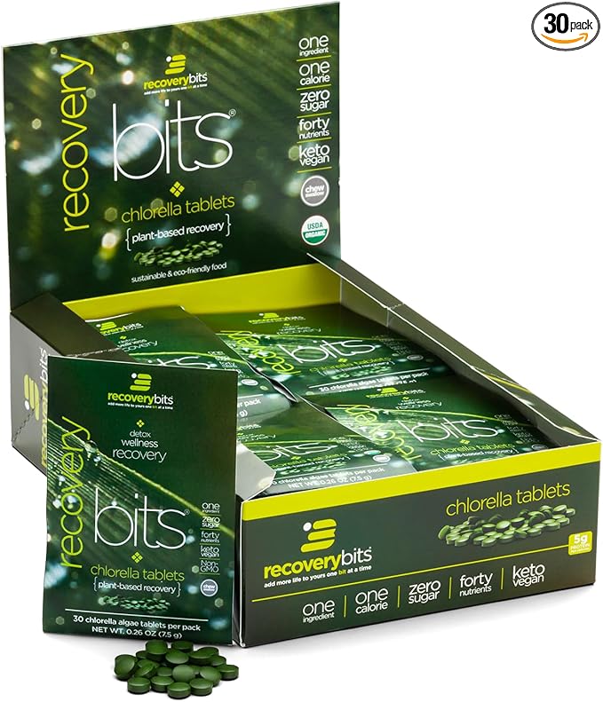 RECOVERYbits - Organic Chlorella Tablets - Plant-Based Algae Superfood - Chlorophyll - Cracked Cell Wall - Energy - Immune System - Detox - Keto - Vegan - Non-GMO - Box of 30 Pouches - 900 Tablets