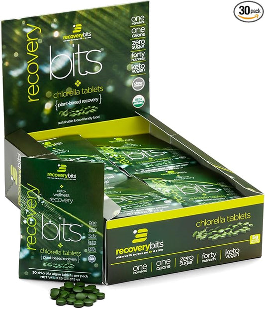 RECOVERYbits - Organic Chlorella Tablets - Plant-Based Algae Superfood - Chlorophyll - Cracked Cell Wall - Energy - Immune System - Detox - Keto - Vegan - Non-GMO - Box of 30 Pouches - 900 Tablets