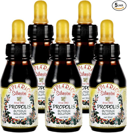 Official Distributor - 5 Bottles of Apiario Silvestre Brazilian Green Bee Propolis Liquid Glycolic Extract-Non Alcoholic, Wax Free, Sugar Free (PG)