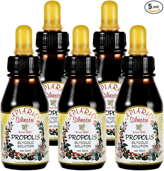 Official Distributor - 5 Bottles of Apiario Silvestre Brazilian Green Bee Propolis Liquid Glycolic Extract-Non Alcoholic, Wax Free, Sugar Free (PG)