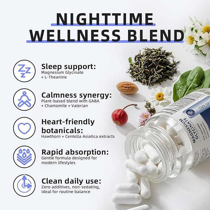 Magnesium Glycinate Supplement with L-Theanine, Chamomile & GABA – Supports Sleep, Calmness, Muscle Relaxation for Men & Women – Vegan, High-Absorption, 120 Capsules