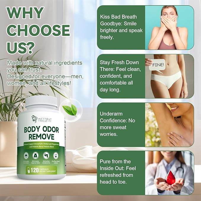 Body Deodorizing Supplement, Chlorophyll Capsules with Parsley & Peppermint, Probiotic, Green Tea, Jerusalem Artichoke, Prebiotic, Supports Fresh Breath & Whole-Body Freshness, 120 Capsules