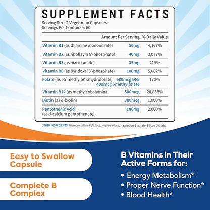8-in-1 Vitamin B Complex Capsules for Women & Men, Super B Complex Vitamins, B12, B1, B2, B3, B5, B6, B9, Biotin, Folate, Methylated Forms, Energy, Nerve, Blood Support, 120 Caps