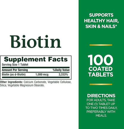 Biotin by Nature's Bounty, Vitamin Supplement, Supports Metabolism for Cellular Energy and Healthy Hair, Skin, and Nails, 1000 mcg, 100 Tablets