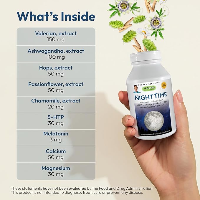 ANDREW LESSMAN Night Time 360 Capsules - 3mg Melatonin, Valerian, Ashwagandha, Passionflower, Hops, Chamomile. No Morning Hangover. Natural Support, Gentle Restful Sleep. Easy to Swallow Capsules