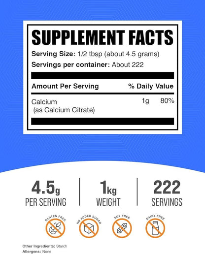 BulkSupplements.com Calcium Citrate Powder - Calcium Supplement, High Bioavailable - Unflavored & Gluten Free, 4.5g per Serving, 1kg (2.2 lbs) (Pack of 1)