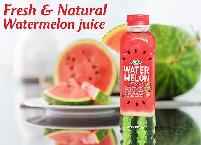 OKF Watermelon with Aloe Vera Drink, Sweet and Refreshing W/Chewable Aloe added. Real Watermelon Juice and Real Aloe Vera Gel Added, 16.9 Fluid Ounce (Pack OF 10)