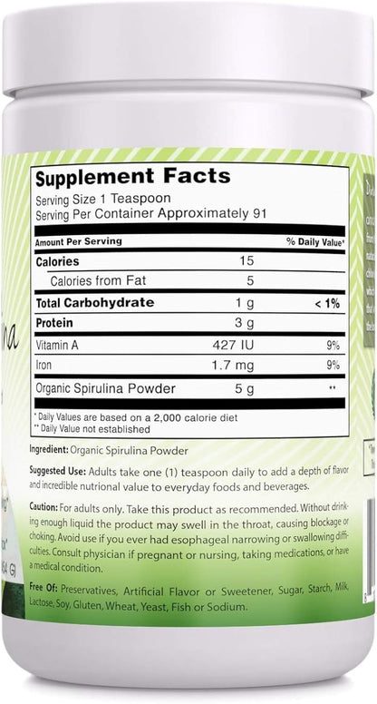 Amazing India Organic Spirulina Powder (Non-GMO) 16 oz (454 gm) - Supports Cell Regeneration, Immune Health, Detoxification & Overall Health*