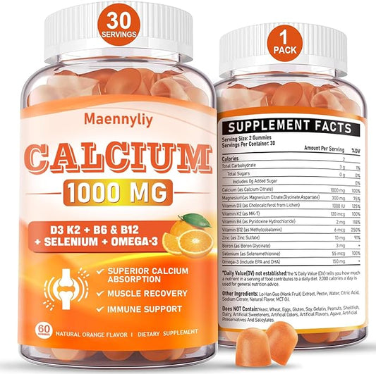 Calcium Citrate 1000 mg Supplement Gummies - Chelated Calcium Gummies Plus Vitamin D3, K2, B6, B12, Magnesium, Zinc, Boron, Selenium & Omega-3 - Support B0ne Muscle Immune for Adults 60 Count
