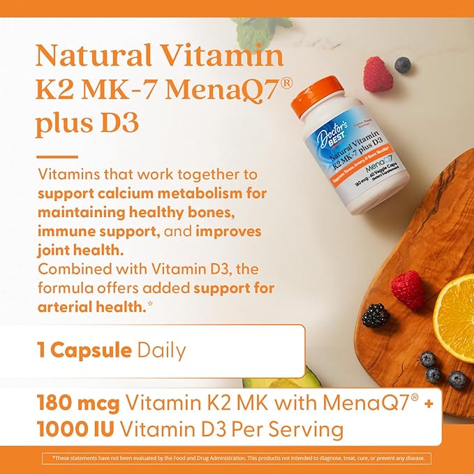 Doctor's Best Natural Vitamin K2 MK-7 Plus D3, Supports Tissue, Artery, & Bone Health, Non-GMO, Gluten Free, Soy Free, Vegetarian 60 Veggie Caps