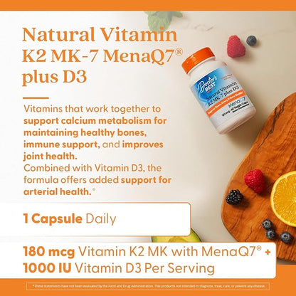 Doctor's Best Natural Vitamin K2 MK-7 Plus D3, Supports Tissue, Artery, & Bone Health, Non-GMO, Gluten Free, Soy Free, Vegetarian 60 Veggie Caps
