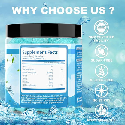 Mint Flavor Creatine Monohydrate Gummies for Men & Women,Contains L-Taurine + Vitamin B12, Betaine, L-Citrulline for Improve Exercise Endurance, Muscle Strength -120 Count