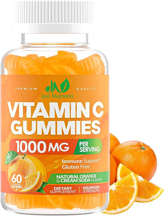 Vitamin C Gummies 1000mg for Adults & Kids – Chewable Multivitamin with Zinc for Immune System & Collagen Support for Skin – Orange Flavor – Gluten Free, Non-GMO, Vegetarian – 60 Gummies