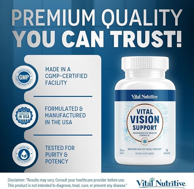 Vital Vision Support – Eye Health Supplement with Vitamin A, Lutein, Beta Carotene & Antioxidants – Eye Vitamins Support Hydration & Protection Against UV & Oxidative Stress -30 Days Serving