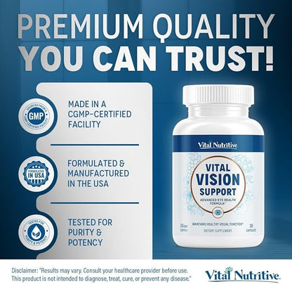 Vital Vision Support – Eye Health Supplement with Vitamin A, Lutein, Beta Carotene & Antioxidants – Eye Vitamins Support Hydration & Protection Against UV & Oxidative Stress -30 Days Serving