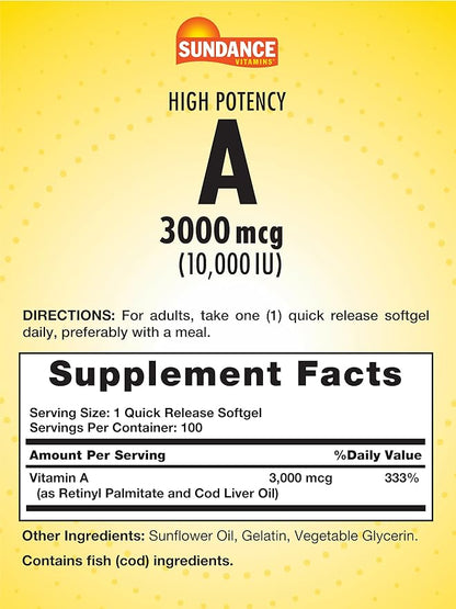 Sundance High Potency Vitamin A Softgels | 3000mcg | 100 Count | Essential Vitamin | Non-GMO and Gluten Free Supplement
