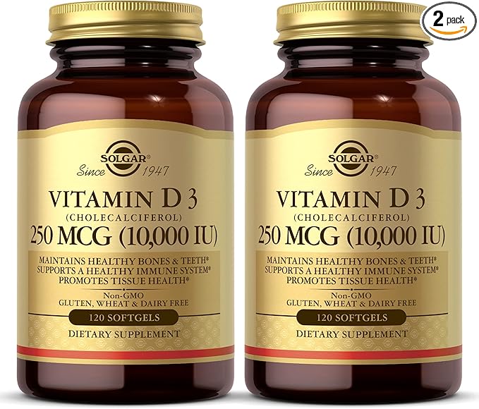 SOLGAR Vitamin D3 (Cholecalciferol) 250 MCG (10,000 IU), 120 Softgels - 2 Pack - Helps Maintain Healthy Bones & Teeth - Immune System Support - Non-GMO, Gluten Free, Dairy Free - 120 Servings