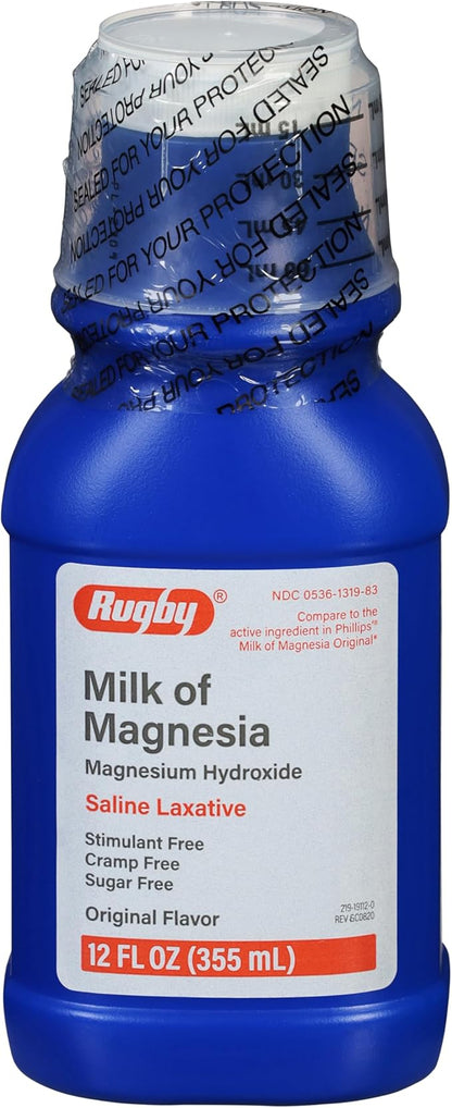 Rugby Milk of Magnesia Magnesium Hydroxide Saline Laxative - Stimulant-Free, Cramp-Free, Sugar-Free - Original Flavor -12 Fl Oz