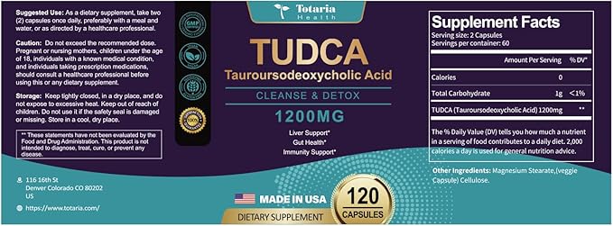 TUDCA Bile Salts 1200mg (Tauroursodeoxycholic Acid), 120 Capsules, Ultra Strength Pure TUDCA Liver Supplements, Liver and Gallbladder Cleanse & Repair, Vegan