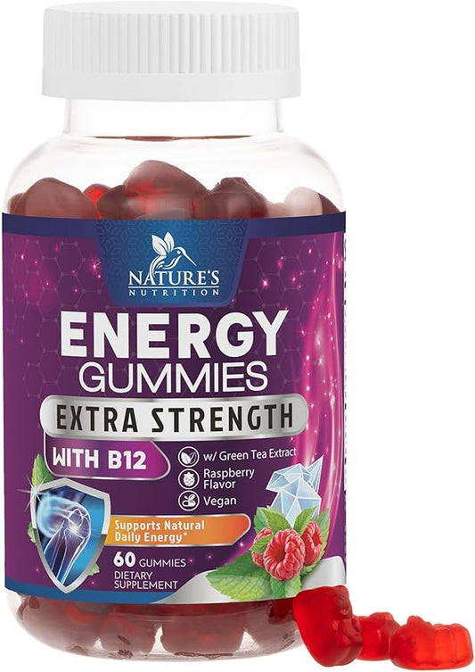 Energy Gummies Vitamin B12 1000 mcg, Green Tea Natural Caffeine Support, Extra Strength Daily Energy Vitamins, Delicious Berry Flavor Gluten Free Chewable Supplement for Cycling & Running - 60 Chews