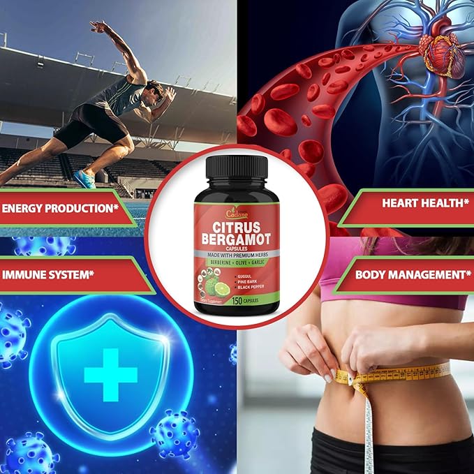 Organic Cadane Citrus Bergamot Supplement Capsules with Berberine, Olive, Guggul, Garlic, Pine Bark, Black Pepper - 150 Caps for 5 Months Supply