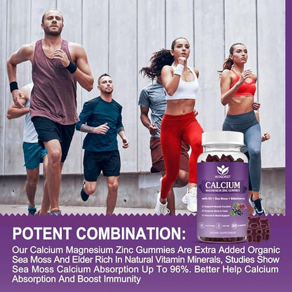 Calcium Magnesium Zinc Gummies with Vitamin D3 - High Absorption Complex Calcium Supplement with Sea Moss, Elderberry for Bone, Muscles, Immune, Mood & Sleep Support, Vegan - 60 Gummies (2 Pack)